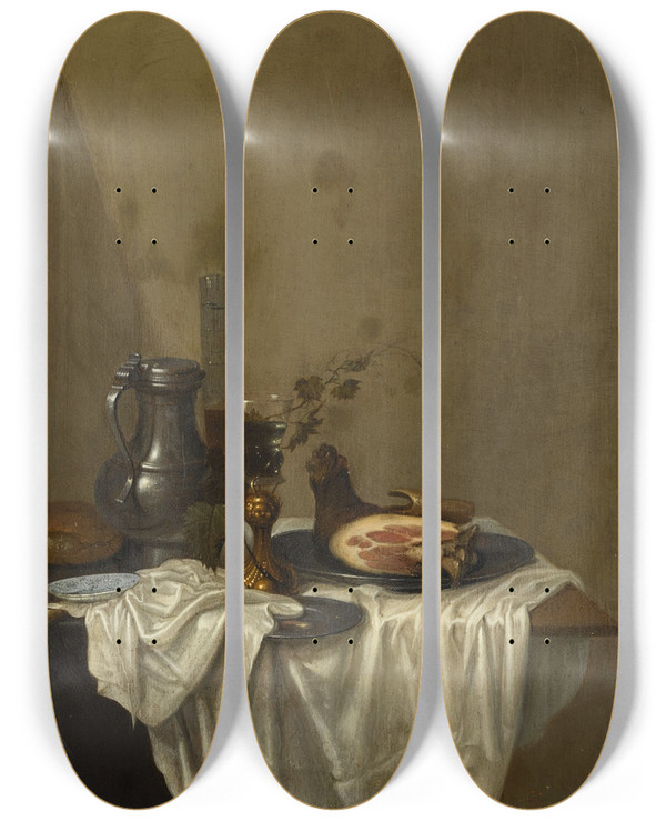 Triptych art skateboard deck of Gerrit Van Vucht Still Life With A Pewter Jug Roemers And A Leg Of Ham Together On A Table Draped With A White Tablecloth by Gerrit van Vucht (1610-1697)