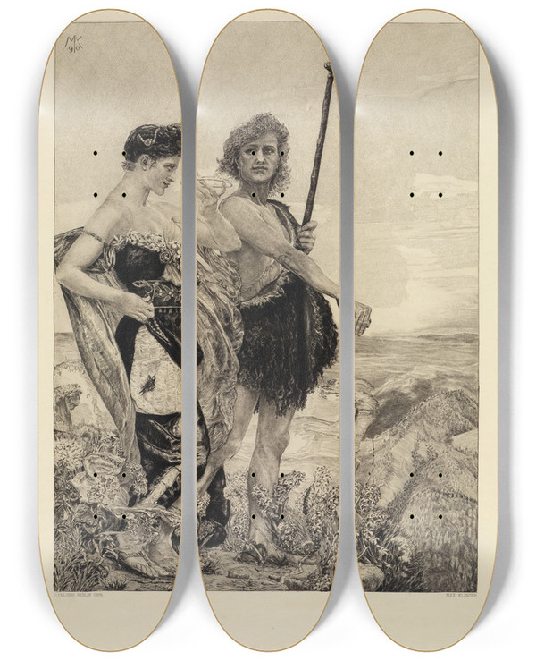 Triptych art skateboard deck of Max Klinger Versuchung Vom Tode Zweiter Theil Opus Xi Blatt 10 by Max Klinger (1857-1920)