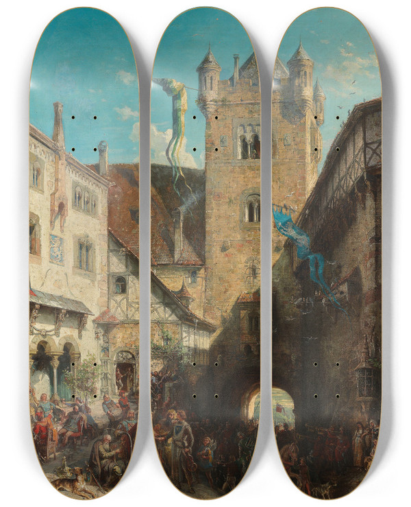 Triptych art skateboard deck of August Von Wille Der Sngerstreit Auf Der Wartburg by August von Wille (1829-1887)