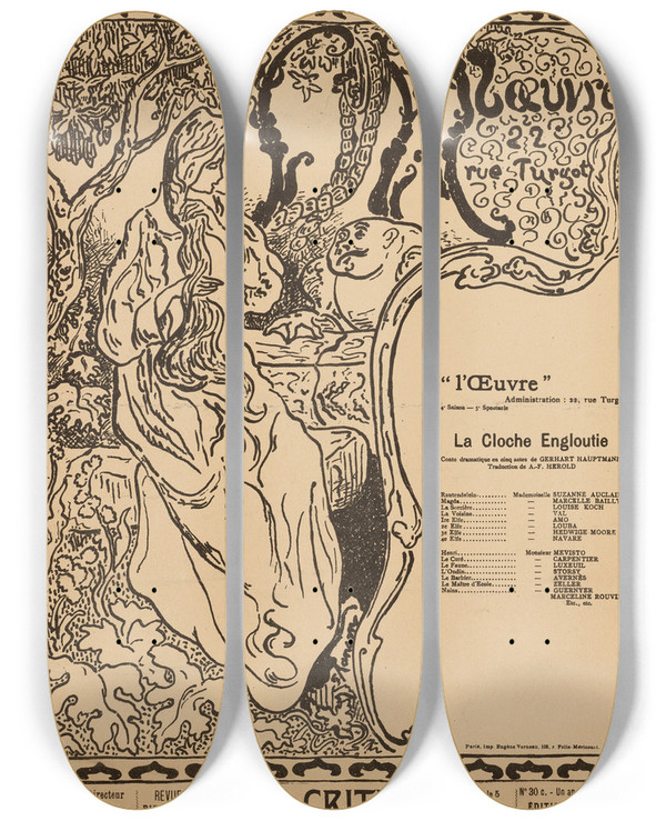 Triptych art skateboard deck of Paul Ranson Thtre De Luvre La Cloche Engloutie by Paul Ranson (1864-1909)