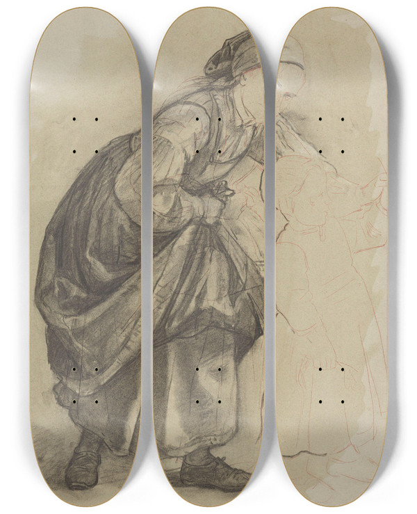 Triptych art skateboard deck of Adolph Tidemand Bondekone Og Liten Pike by Adolph Tidemand (1814-1876)