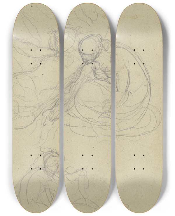 Triptych art skateboard deck of Victor Mller Liegende Und Kauernde Weibliche Halbakte by Victor Muller (1829-1871)