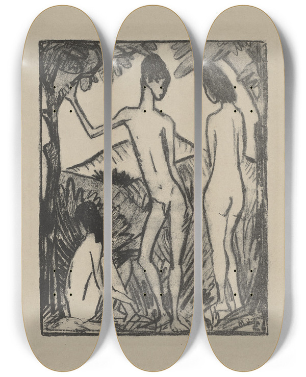 Triptych art skateboard deck of Otto Mueller Stehender Knabe Und Zwei Mdchen Ii by Otto Mueller (1874-1930)