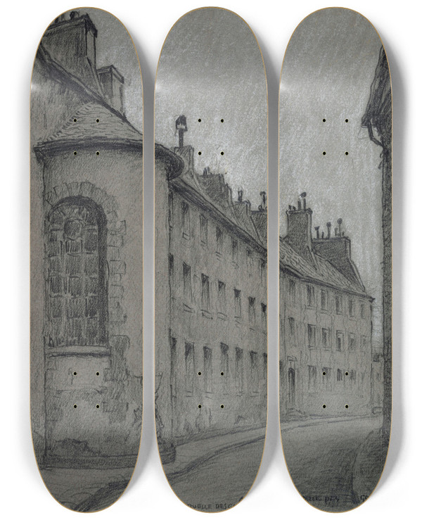 Triptych art skateboard deck of Ferdinand Boberg Labside De La Chapelle Des Gobelins by Ferdinand Boberg (1860-1946)