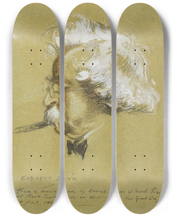Triptych art skateboard deck of Everett Shinn Mark Twain by Everett Shinn (1876-1953)