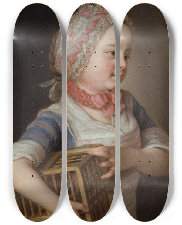 Triptych art skateboard deck of Per Krafft The Elder Girl With Bullfinch In A Cage by Per Krafft The Elder (1724-1793)
