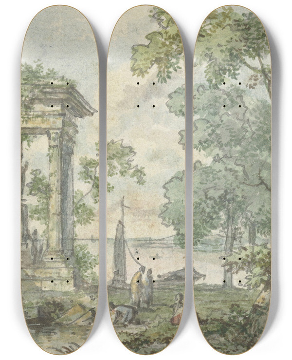 Triptych art skateboard deck of Jurriaan Andriessen Landschap Met Tempelrune by Jurriaan Andriessen (1742-1819)