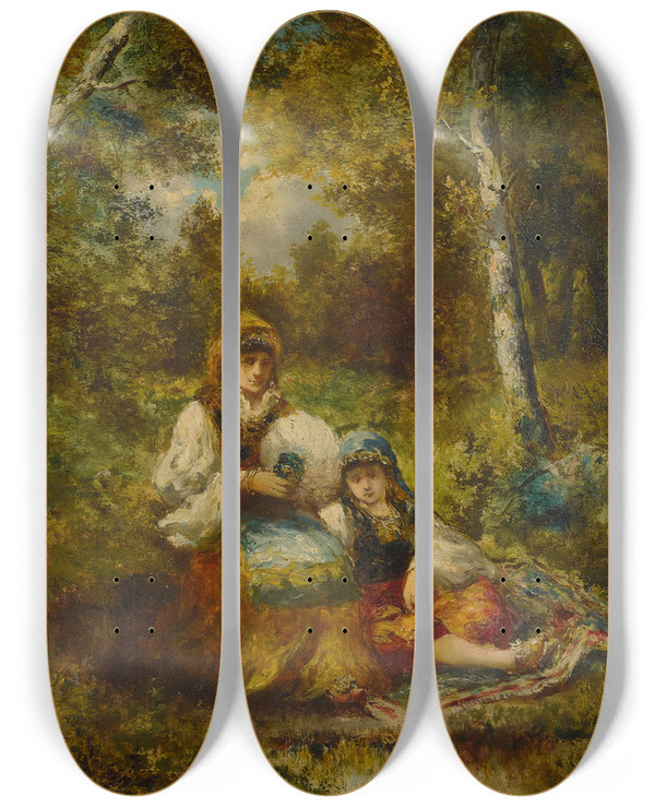 Triptych art skateboard deck of Narcissevirgile Diaz De La Pea Repos De Bohmiennes En Fort Esquisse by Narcisse-Virgile Diaz de La Pea (1808-1876)