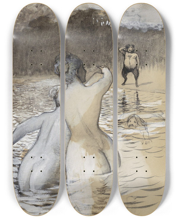 Triptych art skateboard deck of Franz Von Stuck Faun Und Badende Nixen by Franz Von Stuck (1863-1928)