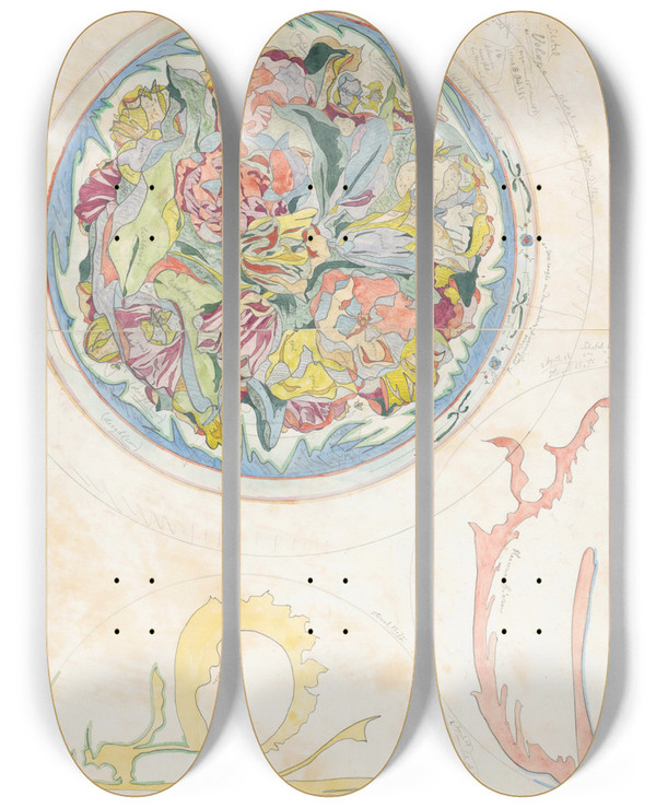 Triptych art skateboard deck of Theo Colenbrander Drie Ontwerpen Voor Aardewerkdecoratie Voor Schotel by Theo Colenbrander (1841-1930)