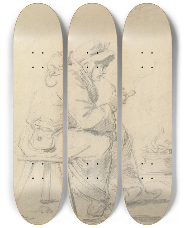Triptych art skateboard deck of Thomas Worlidge An Old Woman Smoking A Pipe by Thomas Worlidge (1700-1766)