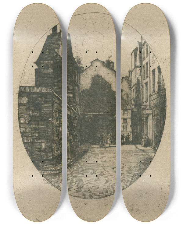 Triptych art skateboard deck of David Young Cameron Rue Saint Julien Le Pauvre by David Young Cameron (1865-1945)