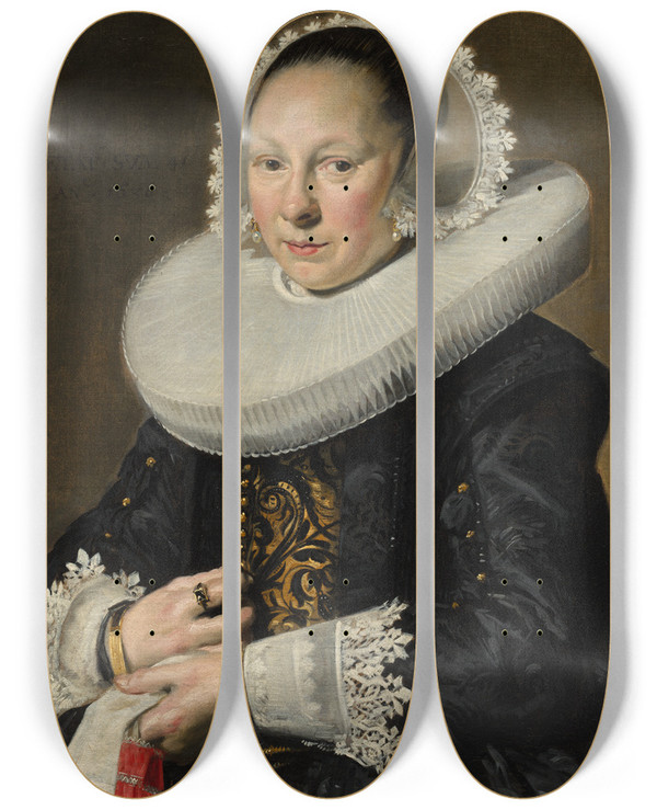 Triptych art skateboard deck of Frans Hals Portrait Of A Woman Probably Aeltje Dircksdr Pater by Frans Hals (1581-1666)