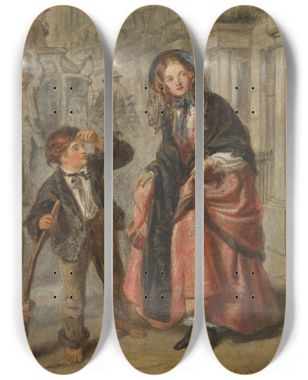 Triptych art skateboard deck of William Powell Frith The Crossing Sweeper_2 by William Powell Frith (1819-1909)