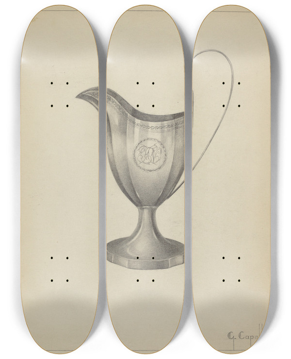 Triptych art skateboard deck of Gordon Sanborn Silver Pitcher by Gordon Sanborn