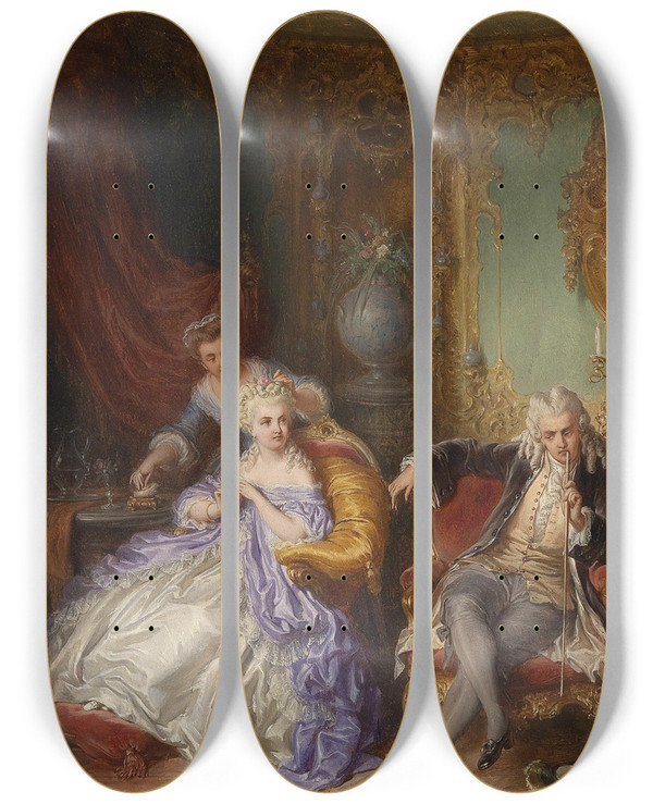 Triptych art skateboard deck of Eduard Ender Galante Szene by Eduard Ender (1822-1883)