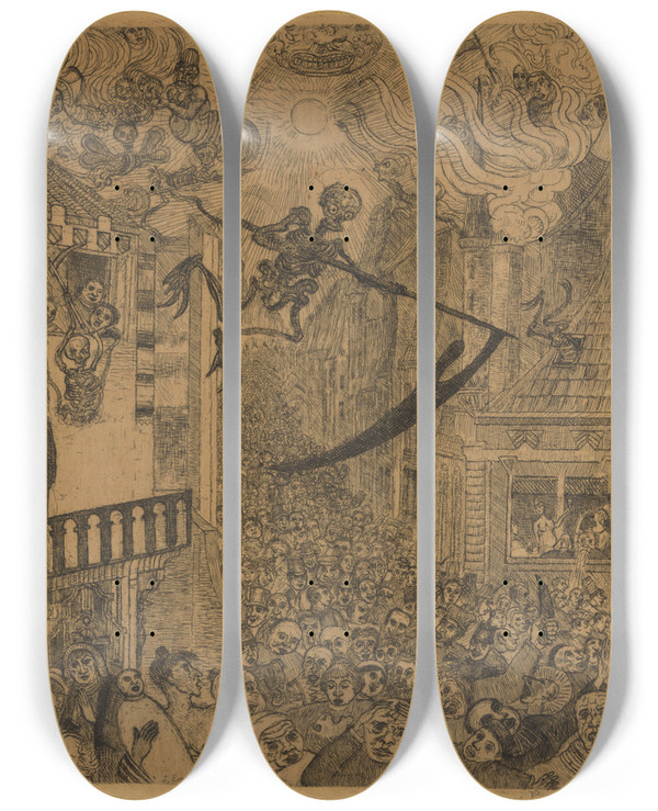 Triptych art skateboard deck of James Ensor De Dood Achtervolgt De Mensenkudde by James Ensor (1860-1949)
