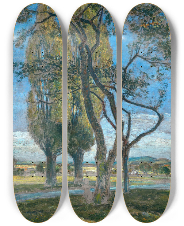 Triptych art skateboard deck of Rudolf Ribarz Zwei Pappeln Am Weg Sierning by Rudolf Ribarz (1848-1904)