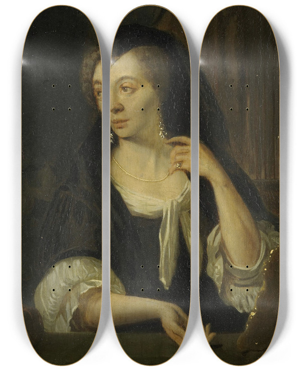 Triptych art skateboard deck of Ludolf Bakhuysen Anna De Hooghe 16451717 The Painters Fourth Wife_1 by Ludolf Backhuysen (1630-1708)