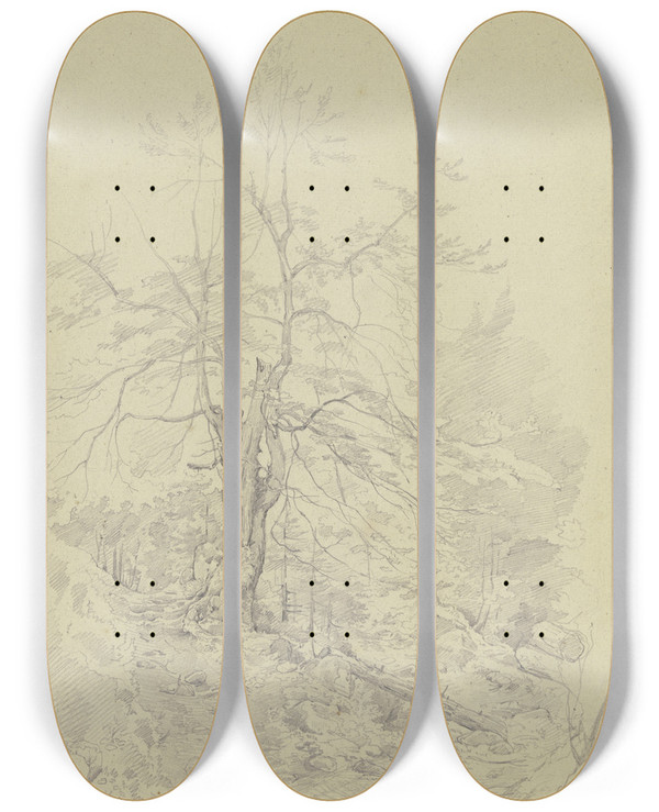 Triptych art skateboard deck of Carl Morgenstern Waldpartie Bei Schlehdorf Am Kochelsee by Carl Morgenstern (1811-1893)