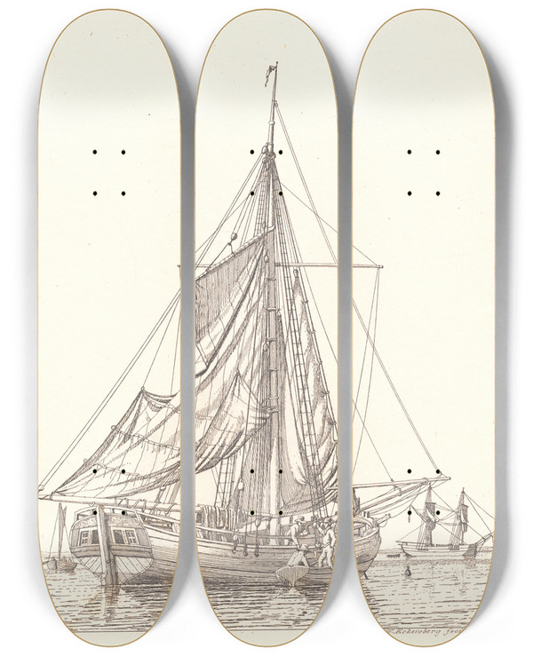 Triptych art skateboard deck of Christoffer Wilhelm Eckersberg En Dansk Jagt Som Trrer Sejl I Stille Vejr by Christoffer Wilhelm Eckersberg (1783-1853)