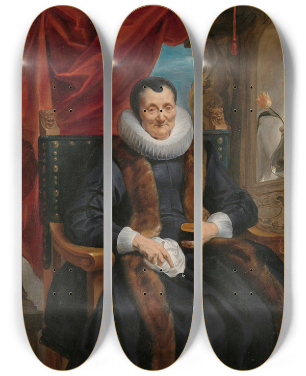 Triptych art skateboard deck of Jacob Jordaens Portrait Of Magdalena De Cuyper by Jacob Jordaens (1593-1678)