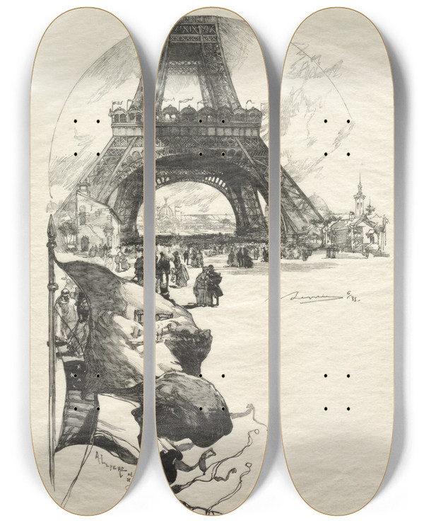Triptych art skateboard deck of Auguste Louis Lepre La Tour Eiffel by Auguste Louis Lepere (1849-1918)
