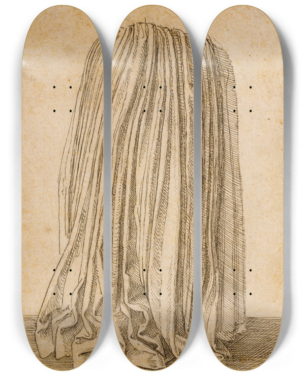 Triptych art skateboard deck of Hans Brosamer Study Of A Pleated Skirt by Hans Brosamer (1495-1554)