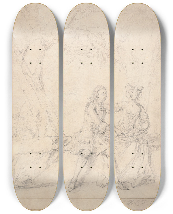 Triptych art skateboard deck of Marcellus Laroon The Younger Louers In A Glade by Marcellus Laroon The Younger (1679-1772)