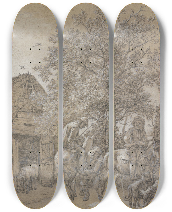 Triptych art skateboard deck of Paulus Potter Vor Einer Htte Halten Zwei Reiter by Paulus Potter (1625-1654)