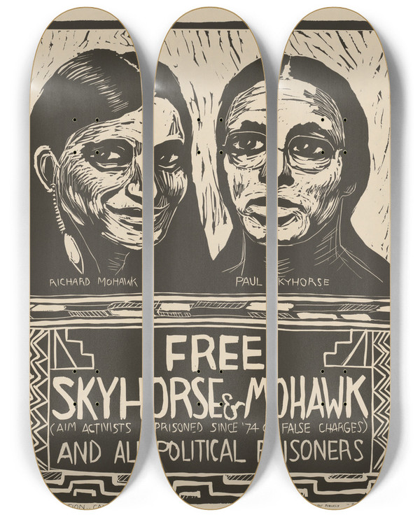 Triptych art skateboard deck of Rachael Romero Free Skyhorse And Mohawk And All Political Prisoners by Rachael Romero (1953)