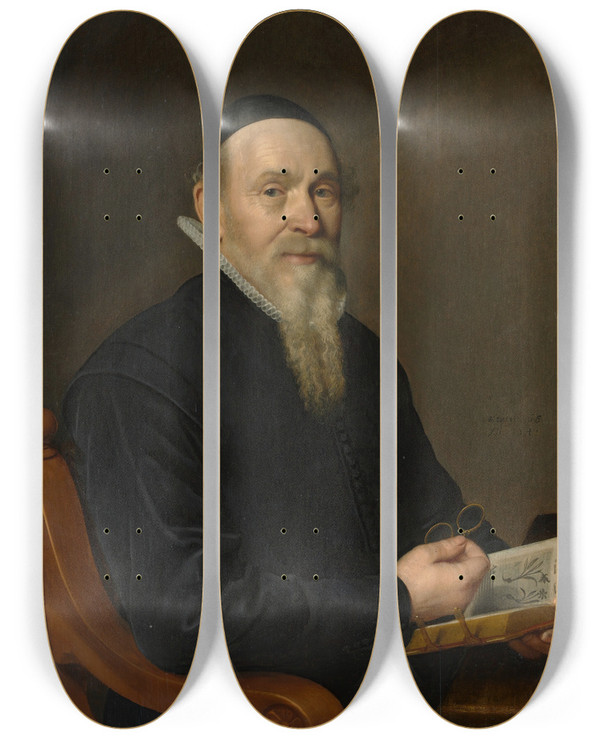 Triptych art skateboard deck of David Bailly Portrait Of A Man Possibly A Botanist by David Bailly (1584-1657)