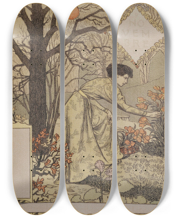 Triptych art skateboard deck of Eugne Grasset Novembre by Eugene Grasset (1841-1917)