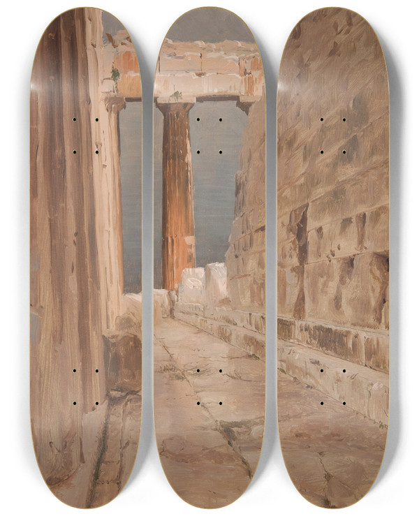Triptych art skateboard deck of Frederic Edwin Church North Peristyle Of The Parthenon Athens by Frederic Edwin Church (1826-1900)