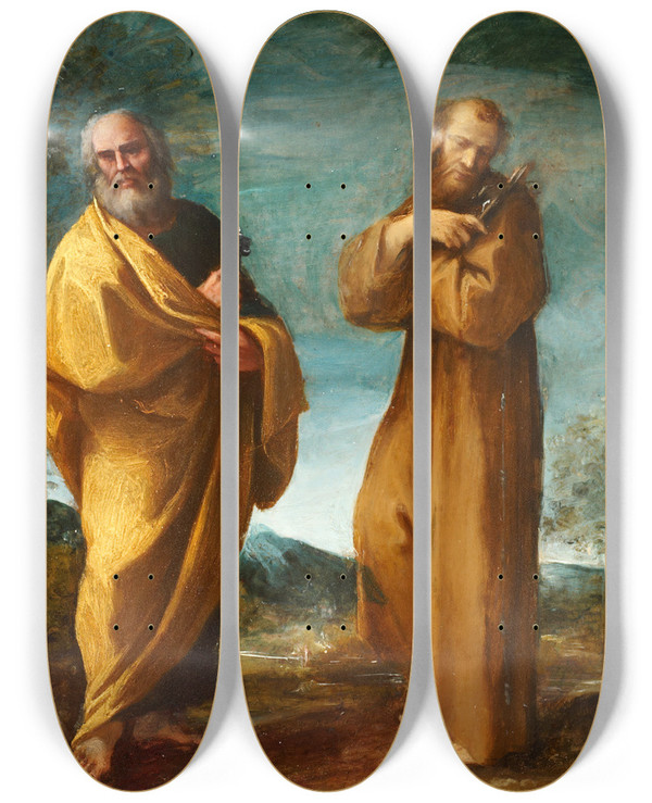 Triptych art skateboard deck of Ludovico Carracci Saints Peter And Francis Of Assisi by Ludovico Carracci (1555-1619)
