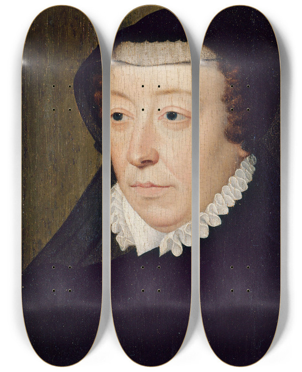 Triptych art skateboard deck of Franois Clouet Portrait De Catherine De Mdicis 15191589 Reine De France by Francois Clouet (1536-1572)
