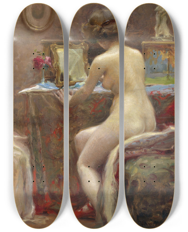 Triptych art skateboard deck of Vlaho Bukovac Vor Dem Toilettespiegel by Vlaho Bukovac (1855-1922)