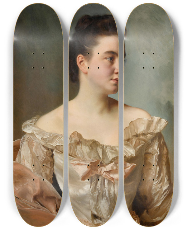 Triptych art skateboard deck of Gustave Jean Jacquet A Portrait Of A Lady In Pink by Gustave Jean Jacquet (1846-1909)