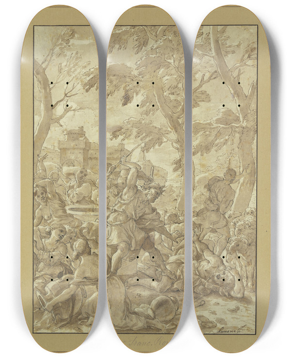 Triptych art skateboard deck of Giovanni Francesco Romanelli Moses Beschtzt Die Tchter Des Jethro by Giovanni Francesco Romanelli (1610-1662)