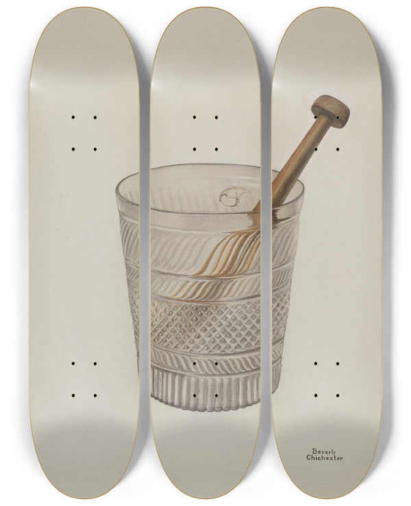 Triptych art skateboard deck of Beverly Chichester Toddy Glass by Beverly Chichester (20-)