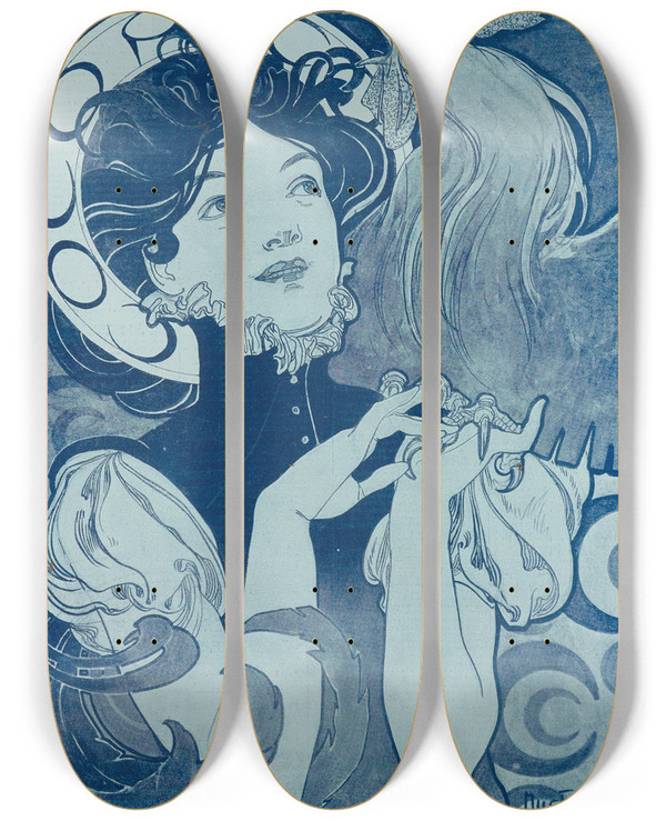 Triptych art skateboard deck of Alphonse Mucha Cocorico by Alphonse Mucha (1860-1939)