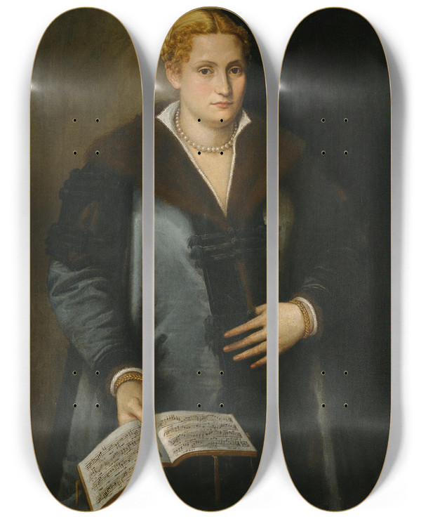 Triptych art skateboard deck of Micheli Parrasio Portrait Of A Diva Said To Be Artemisia Roberti by Micheli Parrasio (1516-1578)