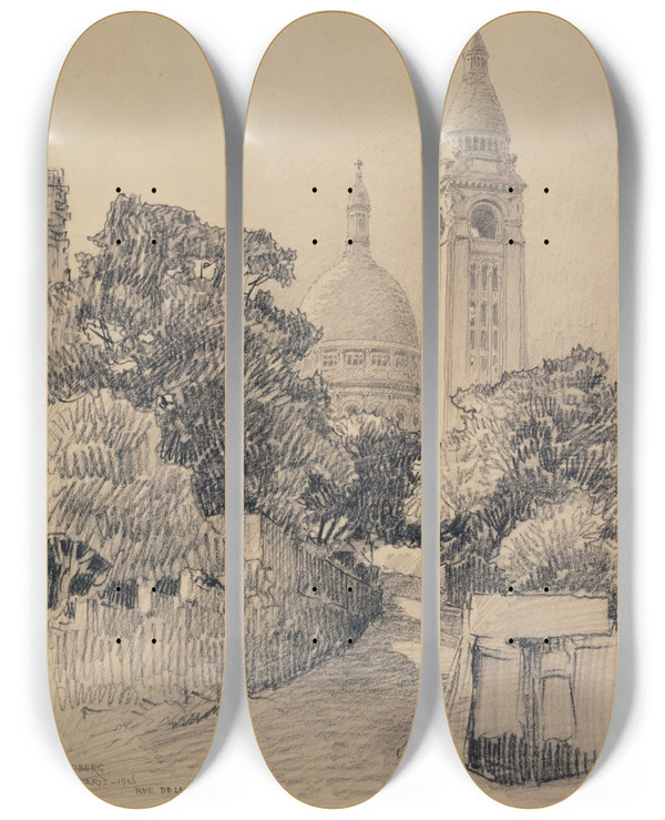 Triptych art skateboard deck of Ferdinand Boberg La Rue De La Bonne Montmartre by Ferdinand Boberg (1860-1946)