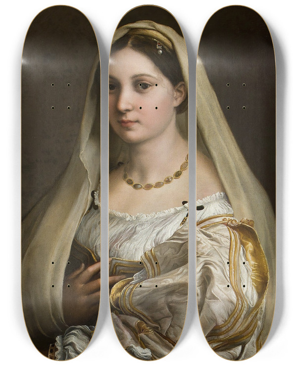 Triptych art skateboard deck of Raphael Woman With A Veil by Raphael (1483-1520)