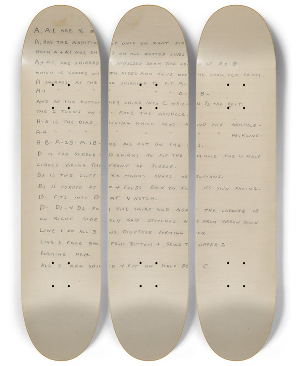 Triptych art skateboard deck of Nancy Crimi Description Of A Girls Dress_2 by Nancy Crimi (20-)
