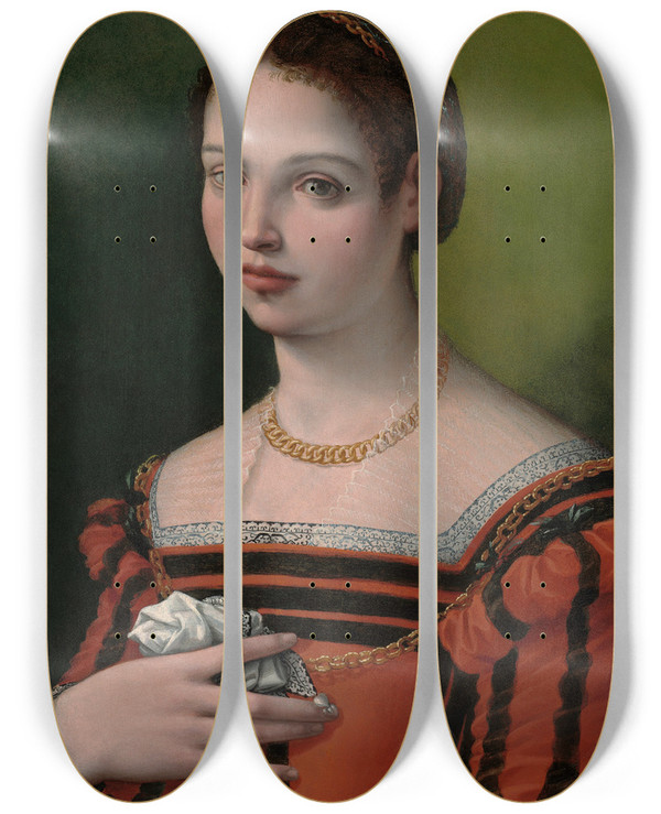 Triptych art skateboard deck of Michele Tosini Portrait Of A Lady by Michele Tosini (1503-1577)