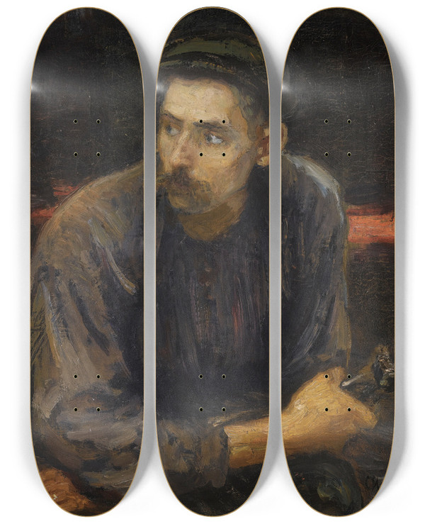 Triptych art skateboard deck of Ilya Efimovich Repin Portrait Of A Worker by Ilya Efimovich Repin (1844-1930)