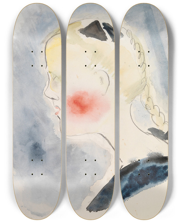 Triptych art skateboard deck of Sulho Sipil Girl With Red Cheeks by Sulho Sipila (1895-1949)