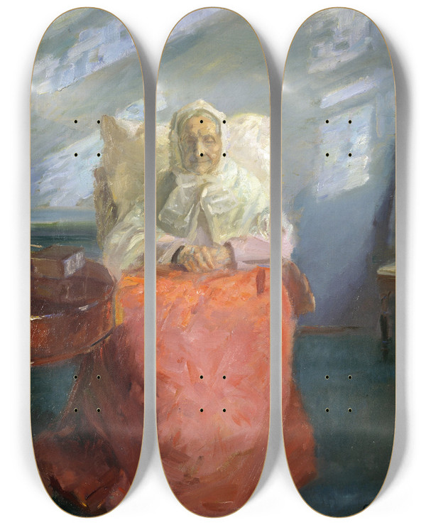 Triptych art skateboard deck of Anna Ancher Mrs Ane Brndum In The Blue Room by Anna Ancher (1859-1935)