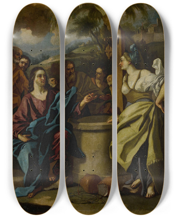 Triptych art skateboard deck of Francesco De Mura Christ And The Samaritan Woman At The Well by Francesco de Mura (1696-1782)